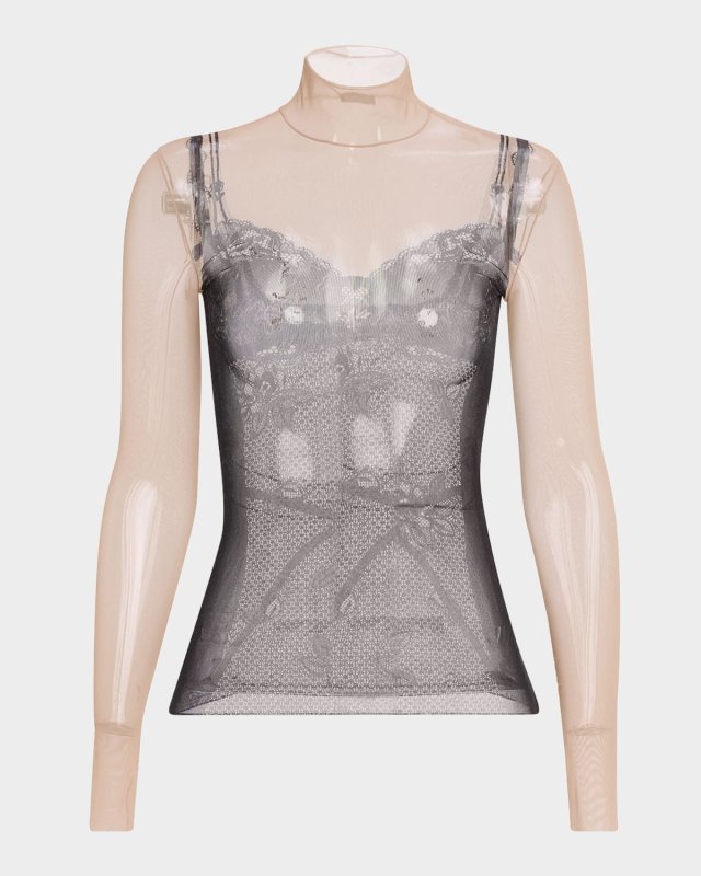 Lingerie Trompe L'oeil Mesh Turtleneck Top